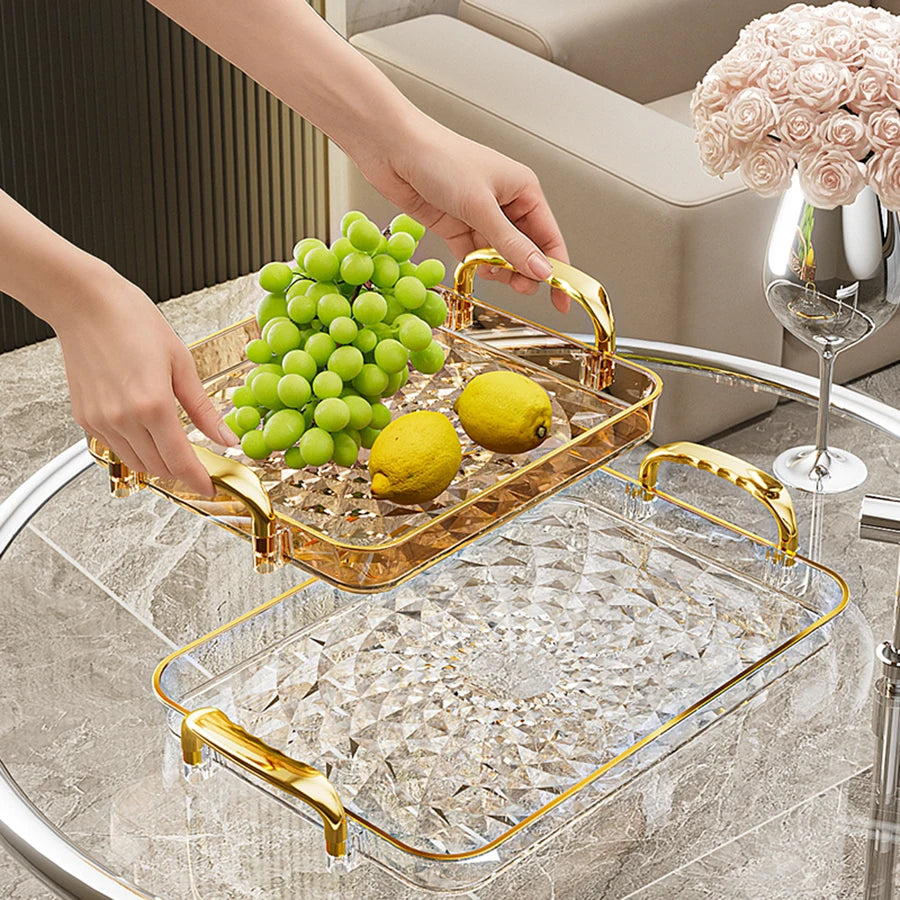 Luxury Crystal-Style Serving Tray with Gold Handles | Elegant Fruit & Dessert Organizer